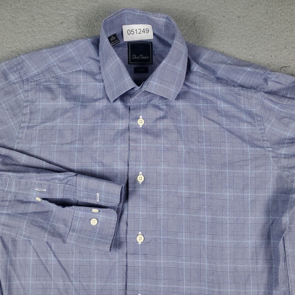 David Donahue Shirt Mens Size 15 Blue Plaid Dress Button Up Long Sleeve